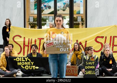 London, UK. 31 August 2023. Fossil Free London protest Shell at their London HQ after a summer of picketing the oil major every week. They asked employees to whistleblow or leave the company over their greenwash and oil and gas expansion. Credit: Andrea Domeniconi/Alamy Live News Stock Photo