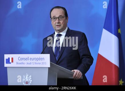 (150212) -- BRUSSELS, Feb. 12, 2015 -- French President Francois Hollande addresses a press conference after EU summit at EU headquarters in Brussles, Belgium, Feb. 12, 2015. ) BELGIUM-BRUSSELS-EU-SUMMIT YexPingfan PUBLICATIONxNOTxINxCHN   Brussels Feb 12 2015 French President François Hollande addresses a Press Conference After EU Summit AT EU Headquarters in  Belgium Feb 12 2015 Belgium Brussels EU Summit  PUBLICATIONxNOTxINxCHN Stock Photo
