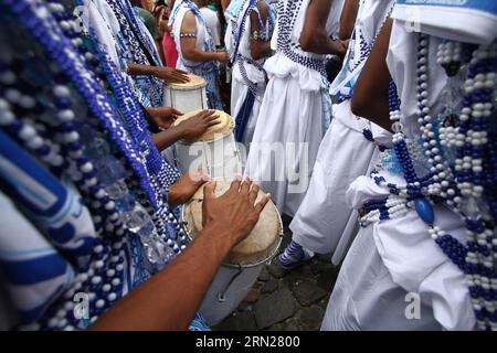 Members of the Sons of Gandhi block march in the streets of the Pelourinho neighborhood, in the framework of the 2015 Carnival in Salvador de Bahia, Brazil, on Feb. 15, 2015. Arthur Garcia/Coperphoto/Estadao Conteudo/) (lyi) BRAZIL OUT BRAZIL-SALVADOR DE BAHIA-CARNIVAL AGENCIAxESTADO PUBLICATIONxNOTxINxCHN   Members of The Sons of Gandhi Block March in The Streets of The Pelourinho Neighborhood in The FRAMEWORK of The 2015 Carnival in Salvador de Bahia Brazil ON Feb 15 2015 Arthur Garcia  Estadao  lyi Brazil out Brazil Salvador de Bahia Carnival  PUBLICATIONxNOTxINxCHN Stock Photo