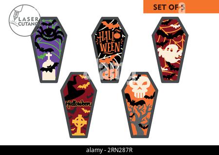 HALLOWEEN Digital multilayer layout files are specially prepared for the laser cut. COFFIN HALLOWEEN multilayer layout size (finished product): 7 x 12 Stock Vector