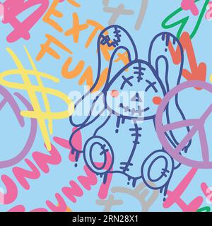 Graffiti Slogan Extra Fun, Funny Bunny Seamless Pattern in Blue Colors. Urban typography print with Teddy Rabbit. Abstract graphic underground unisex design for t-shirts and sweatshirt for teenagers. Stock Vector