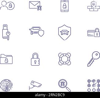 Safety system line icon set. Car, shield, lock Stock Vector