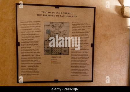 A visitor’s framed information inside the Medici Chapel Crypt, a basement under the courtyard of the Cloister of St. Antoninus part of the Basilica di San Stock Photo