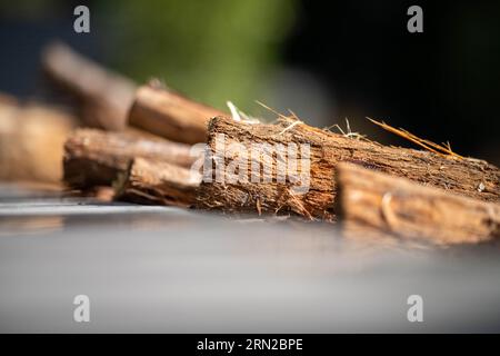 fire wood stack next to a house in winter Stock Photo