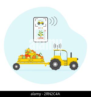 Remote control from digital device of harvesting and transportation of crops. Smart agricultural system Agriculture Farming robotics technology Vector Stock Vector