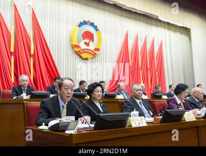 (150228) -- BEIJING, Feb. 28, 2015 -- Wang Guangya (1st R front), director of the Hong Kong and Macao Affairs Office of the State Council, delivers a lecture during the 7th seminar of the the Standing Committee of the 12th Chinese People s Political Consultative Conference National Committee in Beijing, capital of China, Feb. 28, 2015. )(wjq) CHINA-BEIJING-CPPCC-SEMINAR (CN) WangxYe PUBLICATIONxNOTxINxCHN   Beijing Feb 28 2015 Wang Guangya 1st r Front Director of The Hong Kong and Macao Affairs Office of The State Council delivers a Lecture during The 7th Seminar of The The thing Committee of Stock Photo