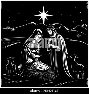 Black and white illustration of the nativity scene. Stock Vector