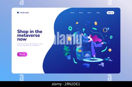 Augmented reality technologies landing page. Woman customer in vr headset with glasses choose garment on hologram screen. Shopping in metaverse banner template. Commerce and retail in virtual reality. Stock Vector