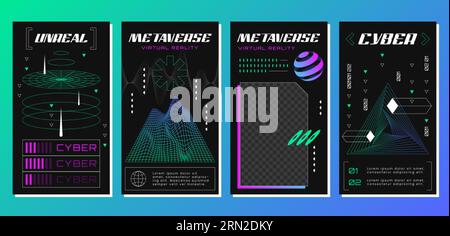 Retro futuristic posters with abstract 3d geometry wireframe grid. Technology graphic elements in vaporwave style. Geometric shapes, tunnel triangle in perspective view. Vector cyberpunk design. Stock Vector
