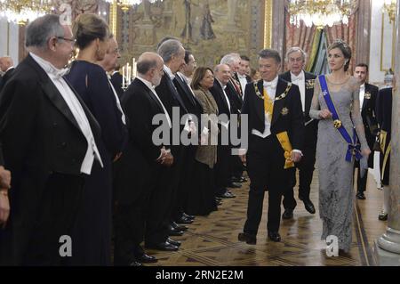 MADRID, March 2, 2015 -- Image provided by Colombia s Presidency shows Colombian President Juan Manuel Santos (2nd R) walking next to Spanish Queen Dona Letizia (1st R) during a dinner hosted in his honor by Spanish King Don Felipe VI in Madrid March 2, 2015. SPAIN-MADRID-COLOMBIAN PRESIDENT-VISIT e COLOMBIA SxPRESIDENCY PUBLICATIONxNOTxINxCHN   Madrid March 2 2015 Image provided by Colombia S Presidency Shows Colombian President Juan Manuel Santos 2nd r Walking Next to Spanish Queen Dona Letizia 1st r during a Dinner hosted in His HONOR by Spanish King Don Felipe VI in Madrid March 2 2015 Spa Stock Photo