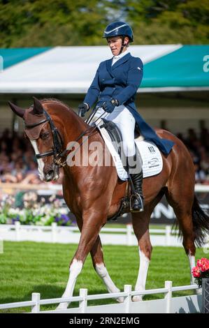 Stamford, UK. 31st Aug, 2023. Zara Tindall riding Class Affair representing Great Britain during the Dressage phase on Day 1 of the 2023 Defender Burghley Horse Trials held in the grounds of Burghley House in Stamford, Lincolnshire, England, United Kingdom. Credit: Jonathan Clarke/Alamy Live News Stock Photo
