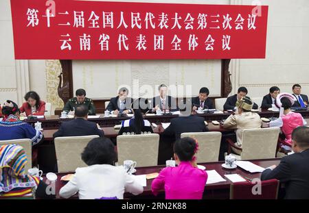 (150312) -- BEIJING, March 12, 2015 -- Chinese Vice Premier Zhang Gaoli (4th L), also a member of the Standing Committee of the Political Bureau of the Communist Party of China Central Committee, joins a panel discussion with deputies to the 12th National People s Congress (NPC) from southwest China s Yunnan Province during the third session of the 12th NPC, in Beijing, capital of China, March 12, 2015. ) (yxb) (TWO SESSIONS) CHINA-BEIJING-NPC-PANEL DISCUSSION-ZHANG GAOLI (CN) WangxYe PUBLICATIONxNOTxINxCHN   Beijing March 12 2015 Chinese Vice Premier Zhang Gaoli 4th l Thus a member of The thi Stock Photo