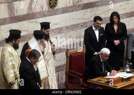 (150313) -- ATHENS, March 13, 2015 -- Newly elected Greek President Prokopis Pavlopoulos(3rd R) takes part in a swearing-in ceremony inside the parliament in Athens, Greek, on March 13, 2015. The new president of the Hellenic Republic, Prokopis Pavlopoulos, was sworn in here on Friday. ) GREECE-ATHENS-POLITICS-PRESIDENT-SWEARING-IN MariosxLolos PUBLICATIONxNOTxINxCHN   Athens March 13 2015 newly Elected Greek President Prokopis Pavlopoulos 3rd r Takes Part in a Swearingen in Ceremony Inside The Parliament in Athens Greek ON March 13 2015 The New President of The Hellenic Republic Prokopis Pavl Stock Photo