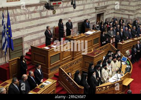 (150313) -- ATHENS, March 13, 2015 -- Newly elected Greek President Prokopis Pavlopoulos waits to take the oath during a swearing-in ceremony inside the parliament in Athens, Greek, on March 13, 2015. The new president of the Hellenic Republic, Prokopis Pavlopoulos, was sworn in here on Friday. ) GREECE-ATHENS-POLITICS-PRESIDENT-SWEARING-IN MariosxLolos PUBLICATIONxNOTxINxCHN   Athens March 13 2015 newly Elected Greek President Prokopis Pavlopoulos Waits to Take The OATH during a Swearingen in Ceremony Inside The Parliament in Athens Greek ON March 13 2015 The New President of The Hellenic Rep Stock Photo