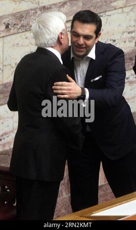 (150313) -- ATHENS, March 13, 2015 -- Newly elected Greek President Prokopis Pavlopoulos(L) hugs Greek Prime Minister Alexis Tsipras during a swearing-in ceremony inside the parliament in Athens, Greek, on March 13, 2015. The new president of the Hellenic Republic, Prokopis Pavlopoulos, was sworn in here on Friday. ) GREECE-ATHENS-POLITICS-PRESIDENT-SWEARING-IN MariosxLolos PUBLICATIONxNOTxINxCHN   Athens March 13 2015 newly Elected Greek President Prokopis Pavlopoulos l Hugs Greek Prime Ministers Alexis Tsipras during a Swearingen in Ceremony Inside The Parliament in Athens Greek ON March 13 Stock Photo
