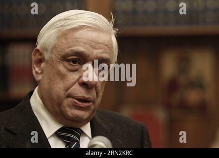(150313) -- ATHENS, March 13, 2015 -- Newly elected President Prokopis Pavlopoulos delivers a speech during a handover ceremony at the Presidential Palace in Athens, Greece, on March 13, 2015. The new president of the Hellenic Republic, Prokopis Pavlopoulos, was sworn in on Friday. ) GREECE-ATHENS-POLITICS-NEW PRESIDENT YannisxKolesidis/Pool PUBLICATIONxNOTxINxCHN   150313 Athens March 13 2015 newly Elected President Prokopis Pavlopoulos delivers a Speech during a Handover Ceremony AT The Presidential Palace in Athens Greece ON March 13 2015 The New President of The Hellenic Republic Prokopis Stock Photo