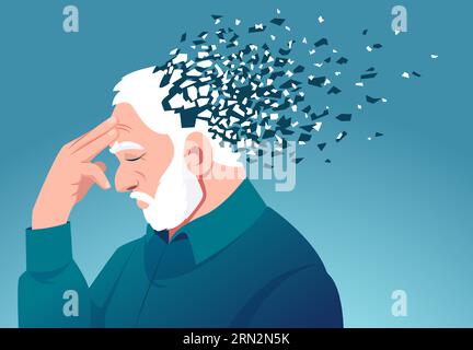 Memory loss due to dementia. Vector of a senior man losing parts of head as symbol of decreased brain function Stock Vector