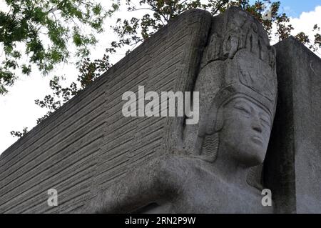 Detail of the sculpture by Jacob Epstein at the tomb of Irish poet and playwright Oscar Wilde in Paris' Père Lachaise Cemetery. Stock Photo