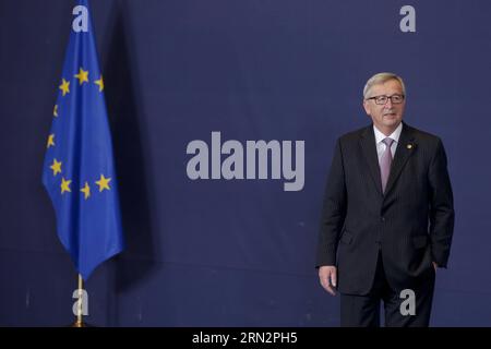 (150319) -- BRUSSELS, March 19, 2015 -- European Commission President Jean-Claude Juncker arrives to attend the family photo session of European Union (EU) summit in Brussels, Belgium, on March 19, 2015. European heads of state gathered here to hold the regular spring summit debate Thursday, with development of the Energy Union, situation in Ukraine, relations with Russia, and the EU s economic situation top on the agenda.Zhou Lei) BELGIUM-EU-SUMMIT-ENERGY-UKRAINE-RUSSIA-ECONOMY ?? PUBLICATIONxNOTxINxCHN   Brussels March 19 2015 European Commission President Jean Claude Juncker arrives to atte Stock Photo