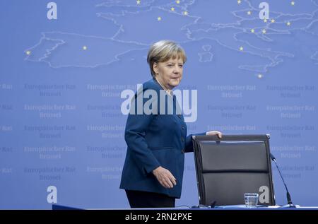 (150320) -- BRUSSELS, March 20, 2015 -- German Chancellor Angela Merkel arrives to attend a press conference after the European Union (EU) summit at the EU headquarters in Brussels, Belgium, on March 20, 2015. European leaders agreed to create an Energy Union during a summit meeting in Brussels and set out the first steps by accelerating the connection of national pipelines and electricity grids. Zhou Lei) BELGIUM-EU-SPRING SUMMIT ?? PUBLICATIONxNOTxINxCHN   150320 Brussels March 20 2015 German Chancellor Angela Merkel arrives to attend a Press Conference After The European Union EU Summit AT Stock Photo