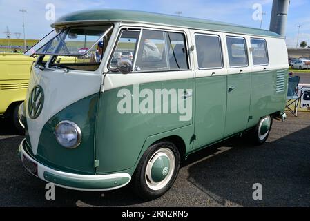 Volkswagen VW Kombi Transporter Mini Van Green White Cream Vintage Retro Show Shine Day Out, Melbourne Victoria Stock Photo