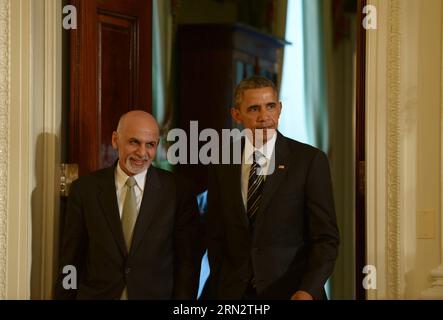(150324) -- WASHINGTON D.C., March. 24, 2015 -- U.S. President Barack Obama(R) and Afghan President Ashraf Ghani arrive for a joint press conference in the East Room of White House in Washington D.C., the United States, March 24, 2015. U.S. President Barack Obama announced Tuesday no drawdown of the current 9,800 U.S. troops stationed in Afghanistan will occur through the end of 2015. ) U.S.-WASHINGTON D.C.-OBAMA-GHANI-PRESS CONFERENCE YinxBogu PUBLICATIONxNOTxINxCHN   Washington D C March 24 2015 U S President Barack Obama r and Afghan President Ashraf Ghani Arrive for a Joint Press Conferenc Stock Photo