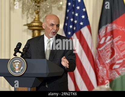 (150324) -- WASHINGTON D.C., March. 24, 2015 -- Afghan President Ashraf Ghani speaks at a joint press conference in the East Room of White House in Washington D.C., the United States, March 24, 2015. U.S. President Barack Obama announced Tuesday no drawdown of the current 9,800 U.S. troops stationed in Afghanistan will occur through the end of 2015. ) U.S.-WASHINGTON D.C.-OBAMA-GHANI-PRESS CONFERENCE YinxBogu PUBLICATIONxNOTxINxCHN   Washington D C March 24 2015 Afghan President Ashraf Ghani Speaks AT a Joint Press Conference in The East Room of White House in Washington D C The United States Stock Photo