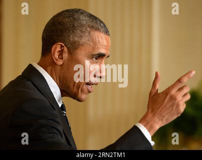 (150324) -- WASHINGTON D.C., March. 24, 2015 -- U.S. President Barack Obama speaks at a joint press conference in the East Room of White House in Washington D.C., the United States, March 24, 2015. U.S. President Barack Obama announced Tuesday no drawdown of the current 9,800 U.S. troops stationed in Afghanistan will occur through the end of 2015. ) U.S.-WASHINGTON D.C.-OBAMA-GHANI-PRESS CONFERENCE YinxBogu PUBLICATIONxNOTxINxCHN   Washington D C March 24 2015 U S President Barack Obama Speaks AT a Joint Press Conference in The East Room of White House in Washington D C The United States March Stock Photo
