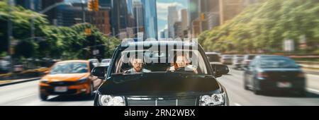 Young man and woman sitting inside car, going to work and having road accident. Shocked man and woman. Stock Photo