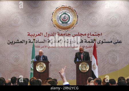 (150329) -- SHARM EL-SHEIKH, March 29, 2015 -- Secretary-general of the League of Arab States Nabil Elaraby (L) and Egyptian Foreign Minister Sameh Shukri attend a press conference after the closing session of the Arab League Summit in Sharm el-Sheikh, Egypt, on March 29, 2015. Arab League (AL) member states called Sunday for immediate withdrawal of Houthi rebels from the Yemeni capital Sanaa.) (zhf) EGYPT-SHARM EL-SHEIKH-ARAB LEAGUE SUMMIT-YEMEN CuixXinyu PUBLICATIONxNOTxINxCHN   Sharm El Sheikh March 29 2015 Secretary General of The League of Arab States Nabil  l and Egyptian Foreign Ministe Stock Photo