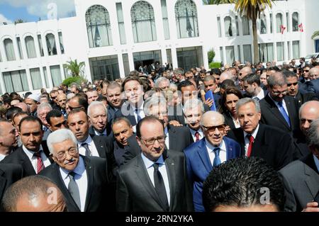 Tunisian President Beji Caid Essebsi(3rd L, front), French President Francois Hollande (2nd L, front) and Palestinian President Mahmoud Abbas(1st L, front) take part in the international anti-terrorism march in Tunis, Tunisia, on March 29, 2015. Tunisia held an international anti-terrorism march entitled The World is Bardo on Sunday, 11 days after the deadly terrorist attack against the Bardo museum. ) TUNISIA-TUNIS-FOREIGN LEADERS-ANTI-TERROR MARCH Adel PUBLICATIONxNOTxINxCHN   Tunisian President Beji Caid Essebsi 3rd l Front French President François Hollande 2nd l Front and PALESTINIAN Pres Stock Photo