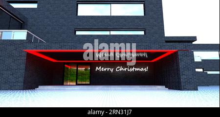 White glowing text Merry Christmas on the porch wall finished with black brick tile. 3d rendering. Stock Photo