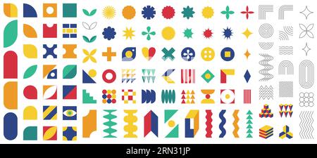 Collection of flat and outline abstract geometric shapes. Brutalism, Swiss minimalism, Bauhaus style inspired. Bright Color Vector design elements iso Stock Vector