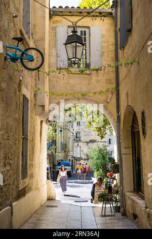 France, Herault, Montpellier, historic center called the Ecusson, street art rue Voltaire, one of the bikes embedded in the city walls by the artist Monsieur BMX Stock Photo