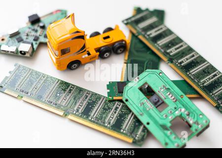 Concept : Recycling of old computer boards and processors on an industrial scale Stock Photo