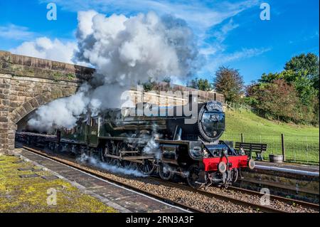 The image is of the LMS Jubilee Class 6P, 4-6-0, 45627 Sierra Leone Scarborough Spa Express steam train passing through Bentham in North Yorkshire Stock Photo