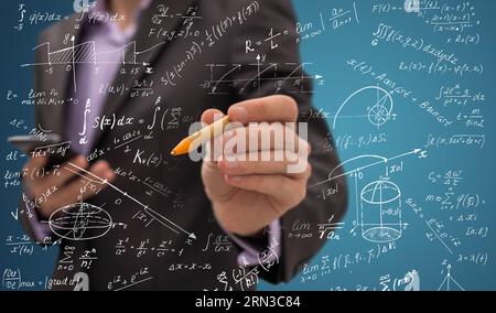 Businessman and analytics symbols on background Stock Photo