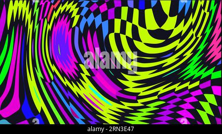 Distorted twisted checkered background. Trippy strip psychedelic pattern. Stock Vector