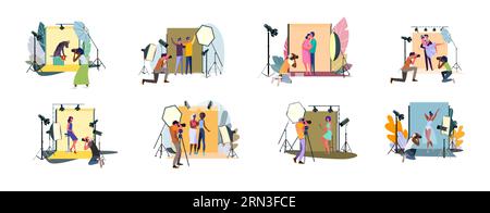 Set of photographers taking photos and shooting people in studio Stock Vector