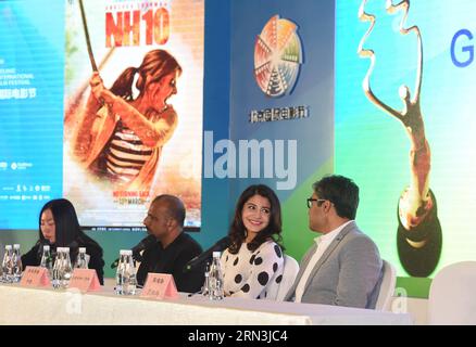 (150419) -- BEIJING, April 19, 2015 -- Leading actress Anushka Sharma (2nd R) NH10 , talks with Director Navdeep Singh at a press conference during the fifth Beijing International Film Festival (BJIFF) in Beijing, capital of China, April 19, 2015. NH10 has been nominated for the Tiantan Award of BJIFF ) (wjq) CHINA-BEIJING-FILM FESTIVAL-TIANTAN AWARD-CONFERENCE (CN) LuoxXiaoguang PUBLICATIONxNOTxINxCHN   Beijing April 19 2015 Leading actress  Sharma 2nd r  Talks With Director  Singh AT a Press Conference during The Fifth Beijing International Film Festival  in Beijing Capital of China April 19 Stock Photo