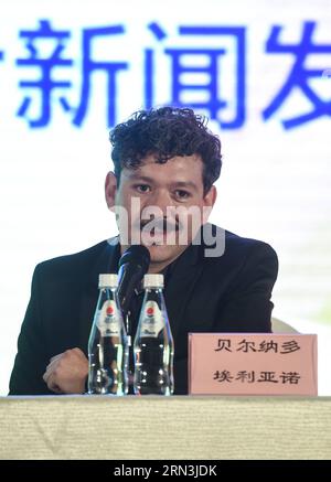 (150419) -- BEIJING, April 19, 2015 -- Bernardo Arellano, director of The Beginning of Time answer questions at a press conference of the movie s premiere during the fifth Beijing International Film Festival (BJIFF) in Beijing, capital of China, April 19, 2015. Movie The Beginning of Time has entered the main competition of the Tiantan Award of BJIFF. ) (mt) CHINA-BEIJING-FILM FESTIVAL-FILM THE BEGINNING OF TIME -PREMIERE (CN) LuoxXiaoguang PUBLICATIONxNOTxINxCHN   Beijing April 19 2015 Bernardo Arellano Director of The BEGINNING of Time Answer Questions AT a Press Conference of The Movie S Pr Stock Photo