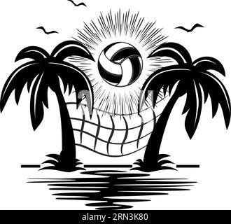 Beach volleyball icon or template invitation card. Flyer with volleyball, palm trees and sea. Vector on transparent background Stock Vector