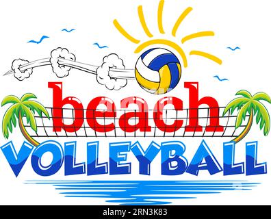 Beach volleyball invitation card. Flyer with volleyball, palm trees and sea. Vector on transparent background Stock Vector