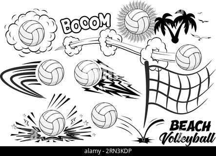 Comic style beach volleyball elements template. Vector on transparent background Stock Vector