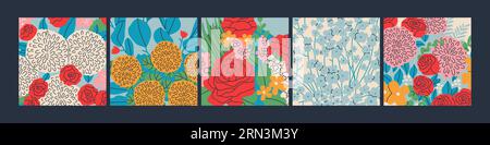Set with various floral square pictures. Decorative bouquets of flowers in square frames. Bright elements of roses, peonies, daisies, hydrangeas, etc. Stock Vector