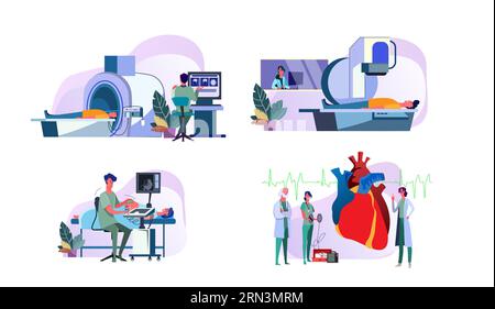 Set of doctors operating medical equipment examining patients Stock Vector