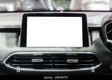Futuristic driving unfolds on the pristine canvas of a digital dashboard. White mockup screen hints at a realm of customizable possibilities. Stock Photo