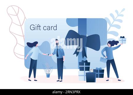 Gift card and promotion strategy.Handsome man gives woman plastic gift voucher. Discount coupon and certificate concept background. Happy woman with s Stock Vector
