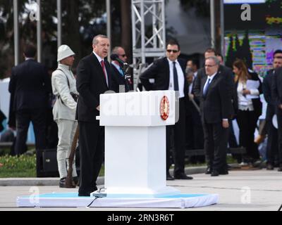 (150424) -- CANAKKALE, April 24, 2015 -- Turkish President Recep Tayyip Erdogan (front) delivers a speech during a ceremony marking the historic Gallipoli Battle in Canakkale, Turkey, April 24, 2015. Turkish President Recep Tayyip Erdogan and British Prince of Wales Charles Friday joined more than 18,000 people to mark 100th anniversary of the Gallipoli Battle. ) TURKEY-CANAKKALE-100TH ANNIVERSARY OF GALLIPOLI BATTLE HexCanling PUBLICATIONxNOTxINxCHN   Canakkale April 24 2015 Turkish President Recep Tayyip Erdogan Front delivers a Speech during a Ceremony marking The Historic Gallipoli Battle Stock Photo