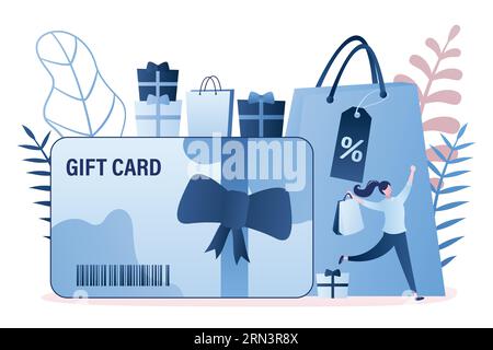 Gift card and promotion strategy, gift voucher, discount coupon and certificate concept background. Happy woman with shopping bags. Trendy style vecto Stock Vector